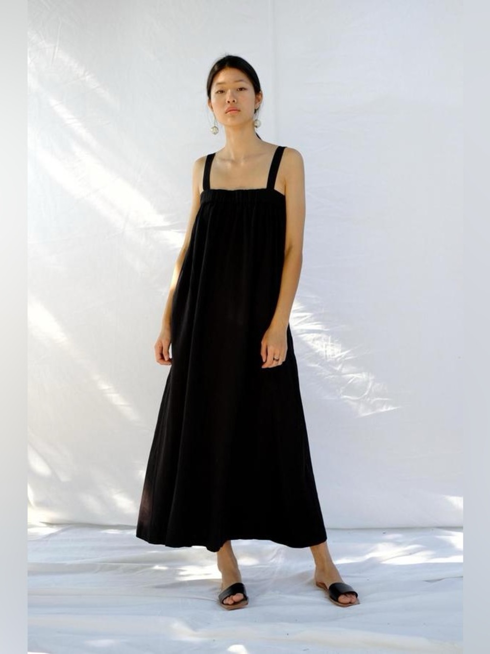 Micaela Greg Column Tank Dress Black Midi Cotton Minimal Wide Strap